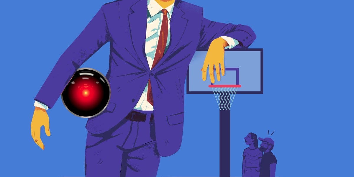 A giant in a suit leans on a basketball net, holding a giant ball (which has been replaced by the menacing, glowing red eye of HAL9000); two normal sized people stand in one corner, glaring up at him. Hugh D’Andrade/EFF (modified) https://www.eff.org/about/staff/hugh-dandrade Cryteria (modified) https://commons.wikimedia.org/wiki/File:HAL9000.svg CC BY 3.0: https://creativecommons.org/licenses/by/3.0/us/