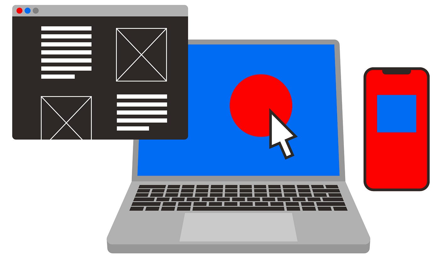 Illustration of a portfolio, a laptop, and a mobile phone