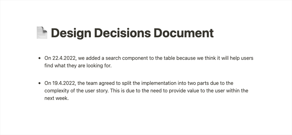 Sample template for documenting design decisions in Notion app