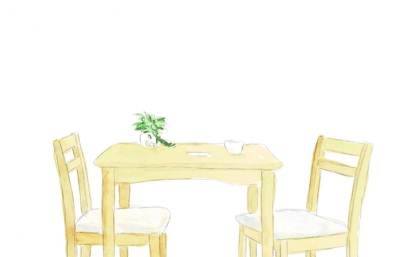 A watercolor illustration of a small wooden kitchen table and two chairs