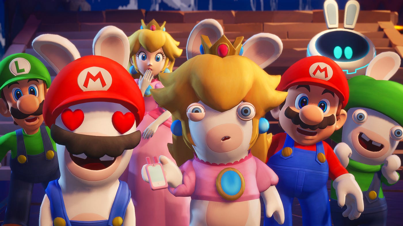 The cast of Mario + Rabbids: Sparks Of Hope making amusing expressions and reactions in a scene from the debut trailer.