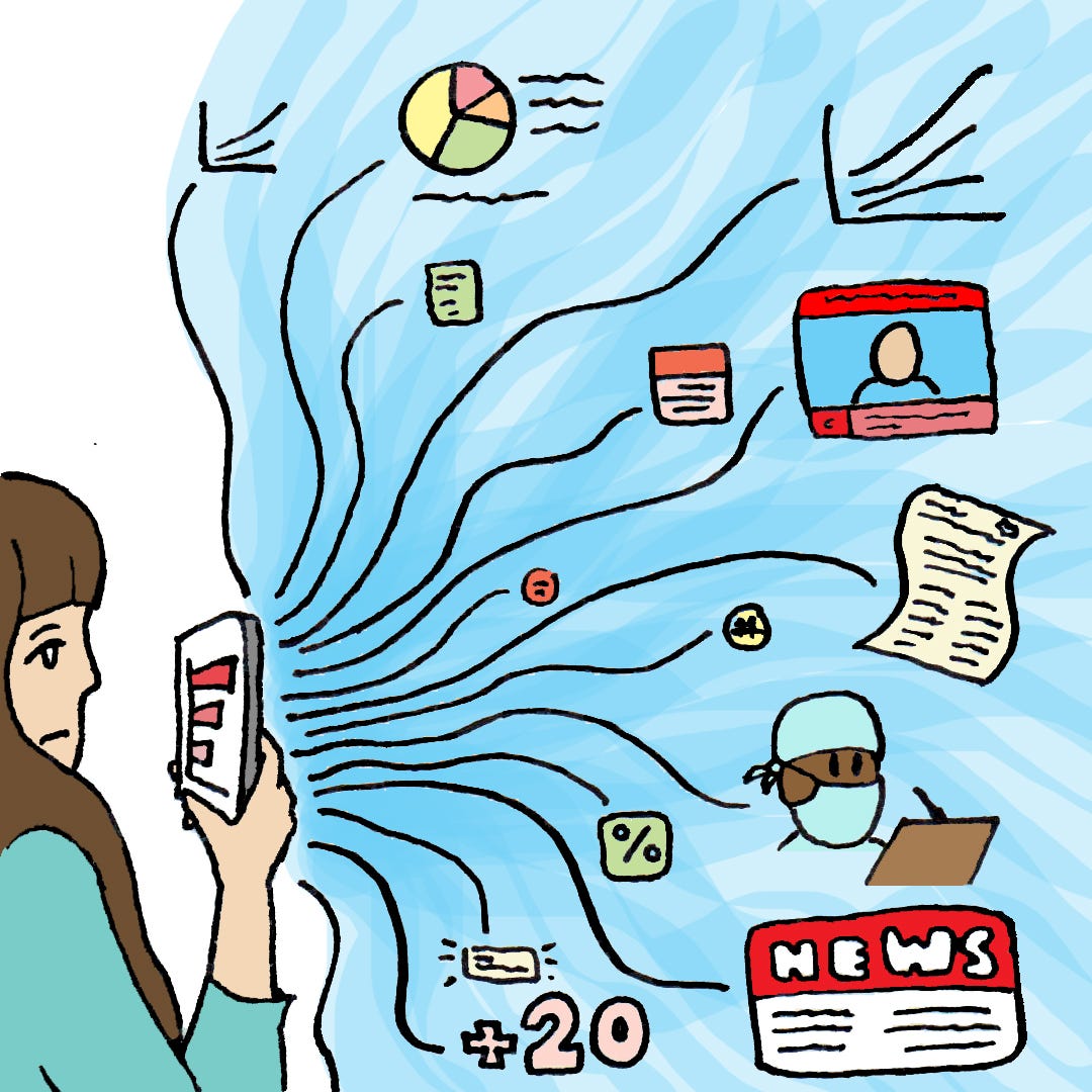 Image of woman looking at a single graph on her phone. behind the phone many lines attach to different icons of data sources.