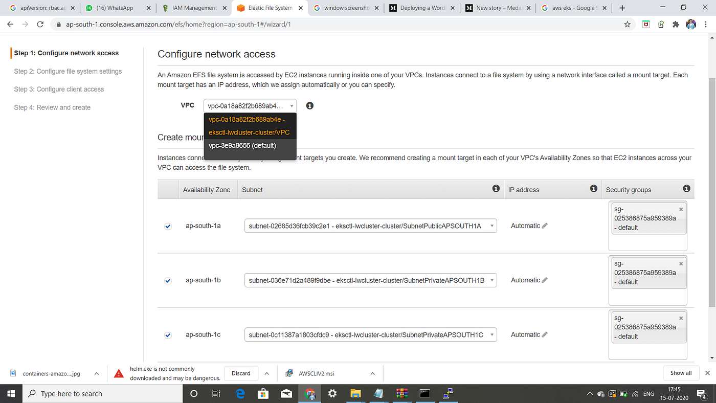 AWS EKS (Elastic Service) Deploying WordPressMySQL setup with EFS as volume. by