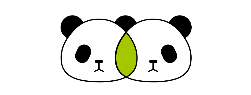Venn diagram made from two illustrated pandas. Both pandas are white but their intersection is green.