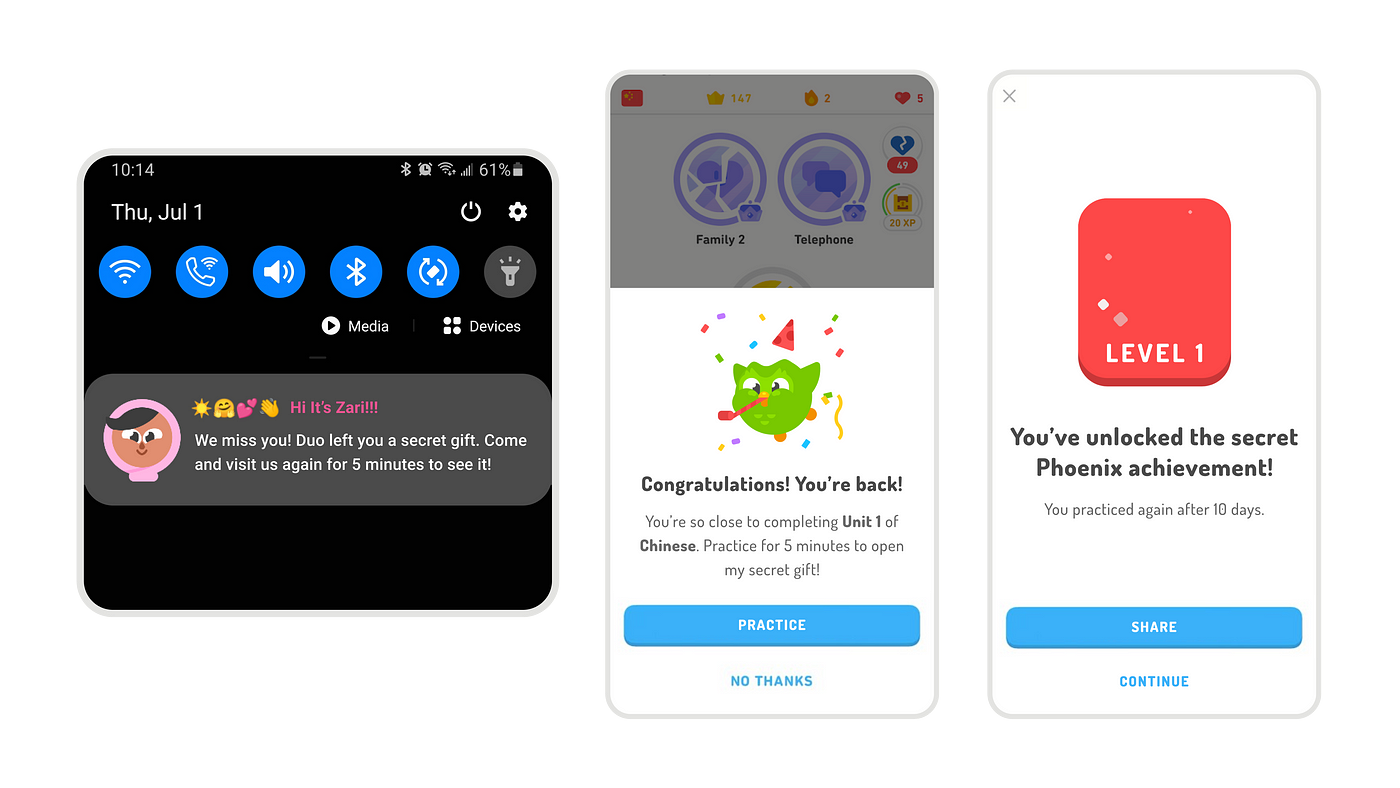 App screenshots showing the Pheonix badge and Duolingo congratulating the user for returning to the app.