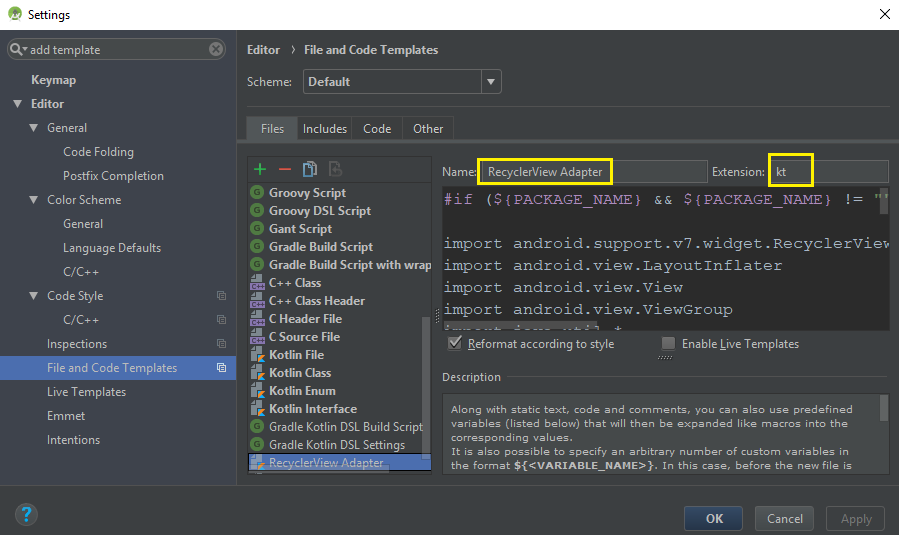 Kotlin File Template for RecyclerView Adapter by Shalauddin Ahamad