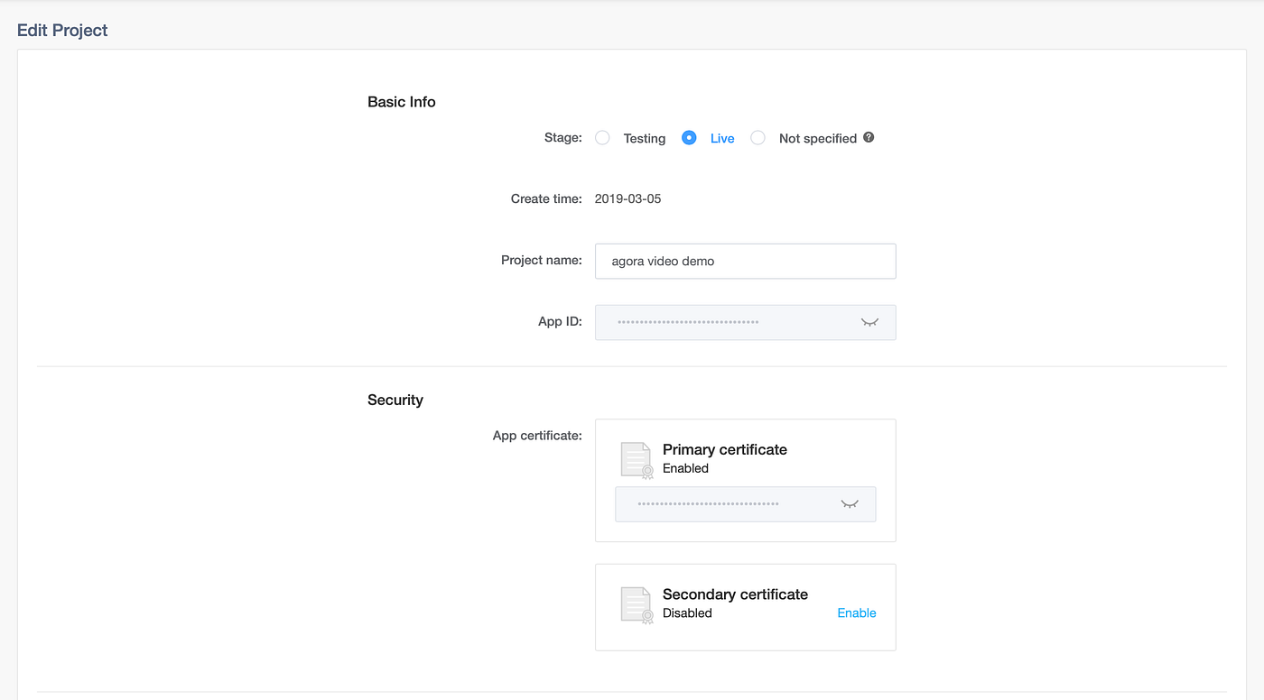 Agora Developer Console, Project Credentials Page Agora Developer Console, Project Credentials Page