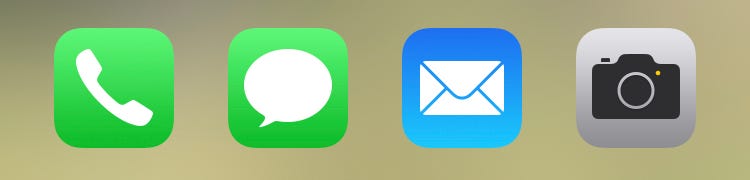 Left to right: The iOS 13 phone, messages, mail, and camera application icons.