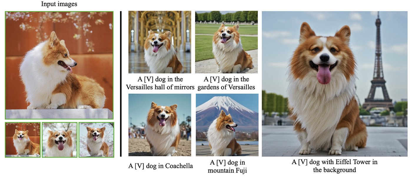 DreamBooth example results with bunch of cute corgi images generated by AI