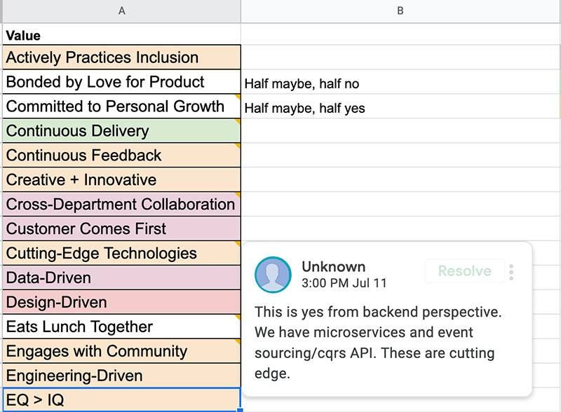 Screenshot of the Google sheet that listed the key values, which we left comments on to discuss