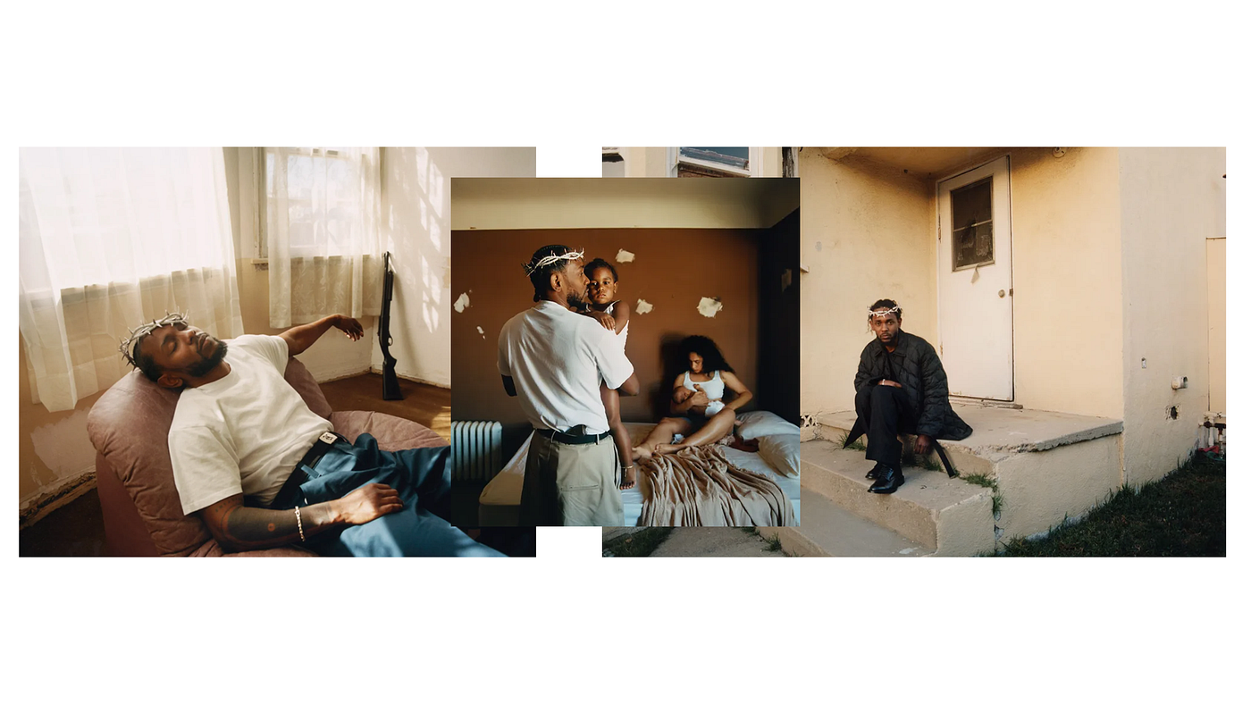 A compilation image of 3 images of Kendrick Lamar for his new album Mr. Morale & The Big Steppers
