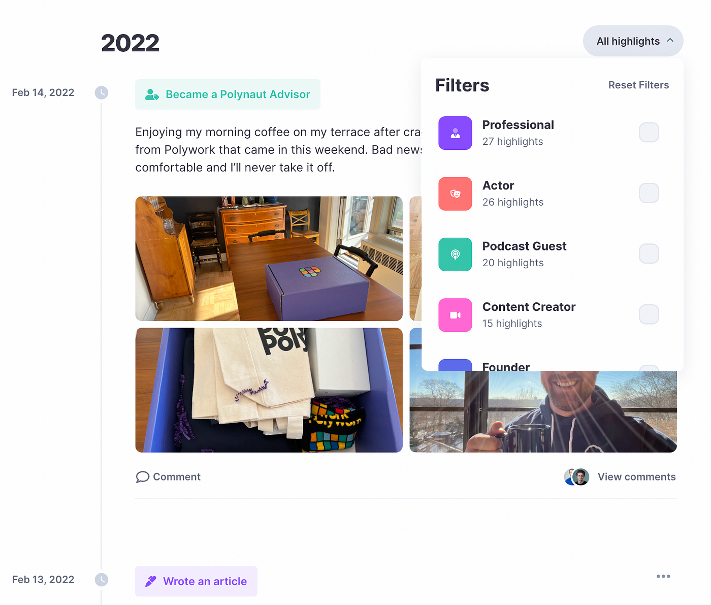 A screenshot of the Polywork timeline feature. In the upper right is an overlay that says “Filters” with a collection of things you can sort by. Visible are “Professional” “Actor” “Podcast Guest” and “Content Creator”. This is superimposed on top of a highlight from February 14 2022 where I announced I was joining the Polynaut program, and at the bottom you can see the start of a highlight from February 13 2022 about an article I wrote.