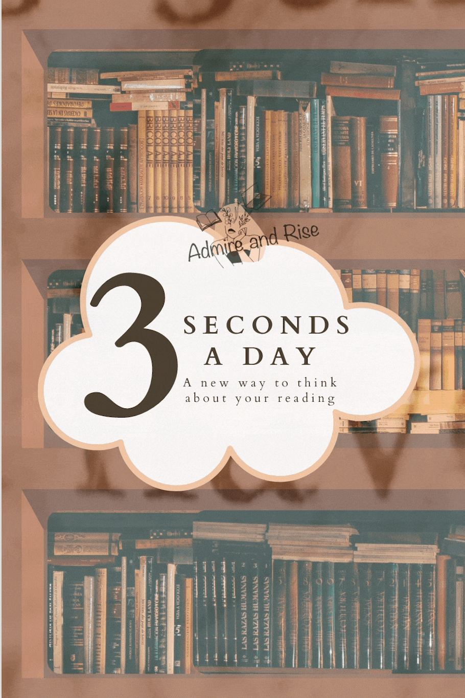cloud titled, “3 seconds a day, a new way to think about your reading” floating on a bookshelf, words flashing on the screen