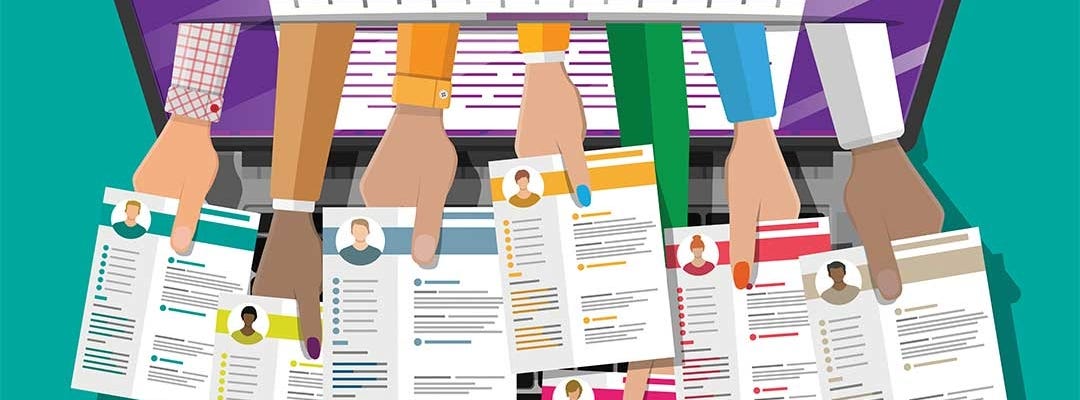 Illustration of various hands holding resumes coming out of a laptop screen