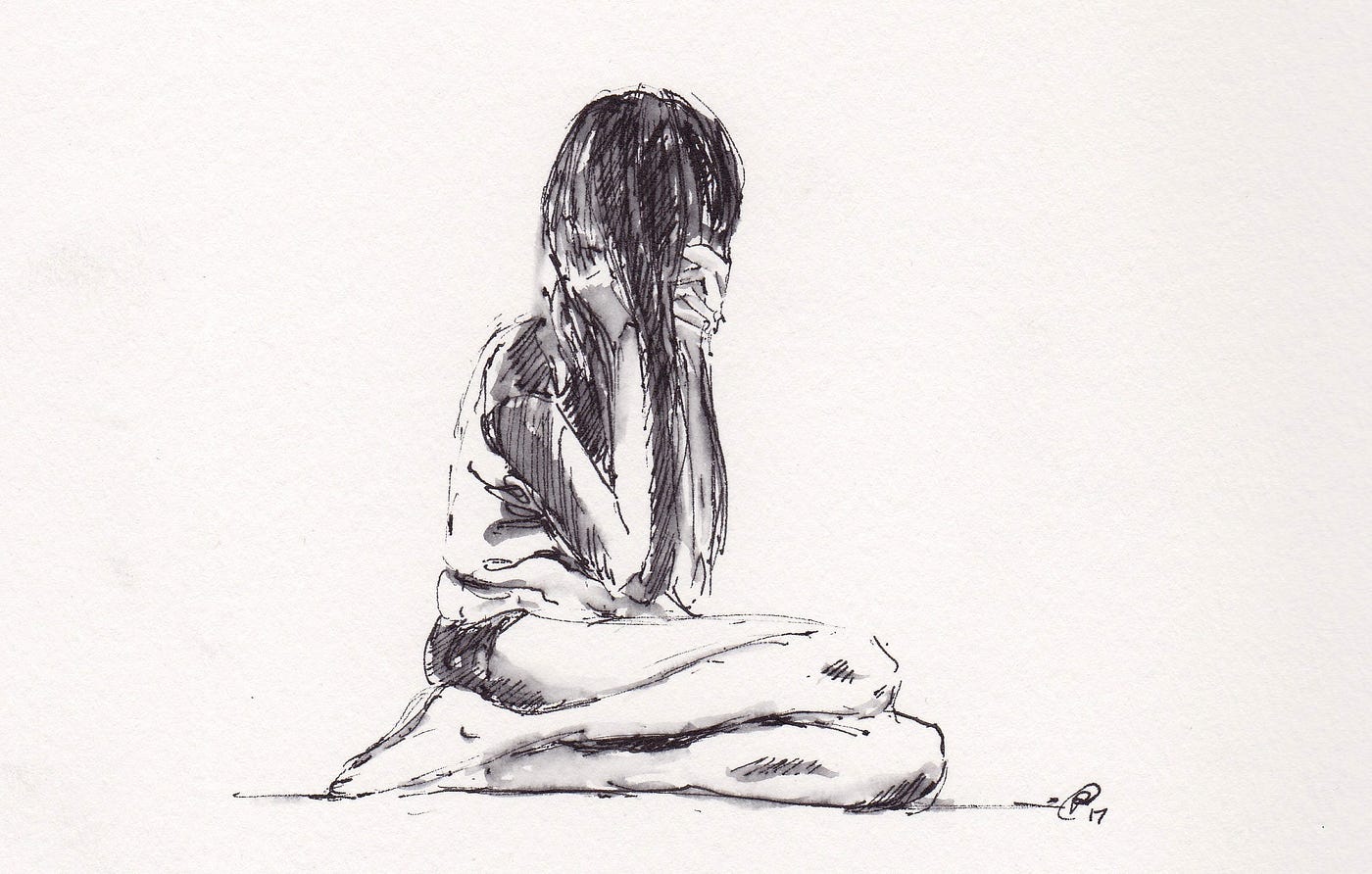 Ink drawing of a woman hiding behind her hair.