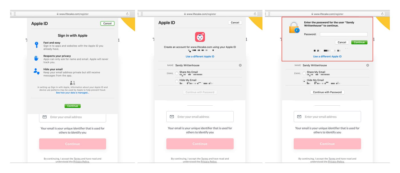 Sign up with Apple, web view