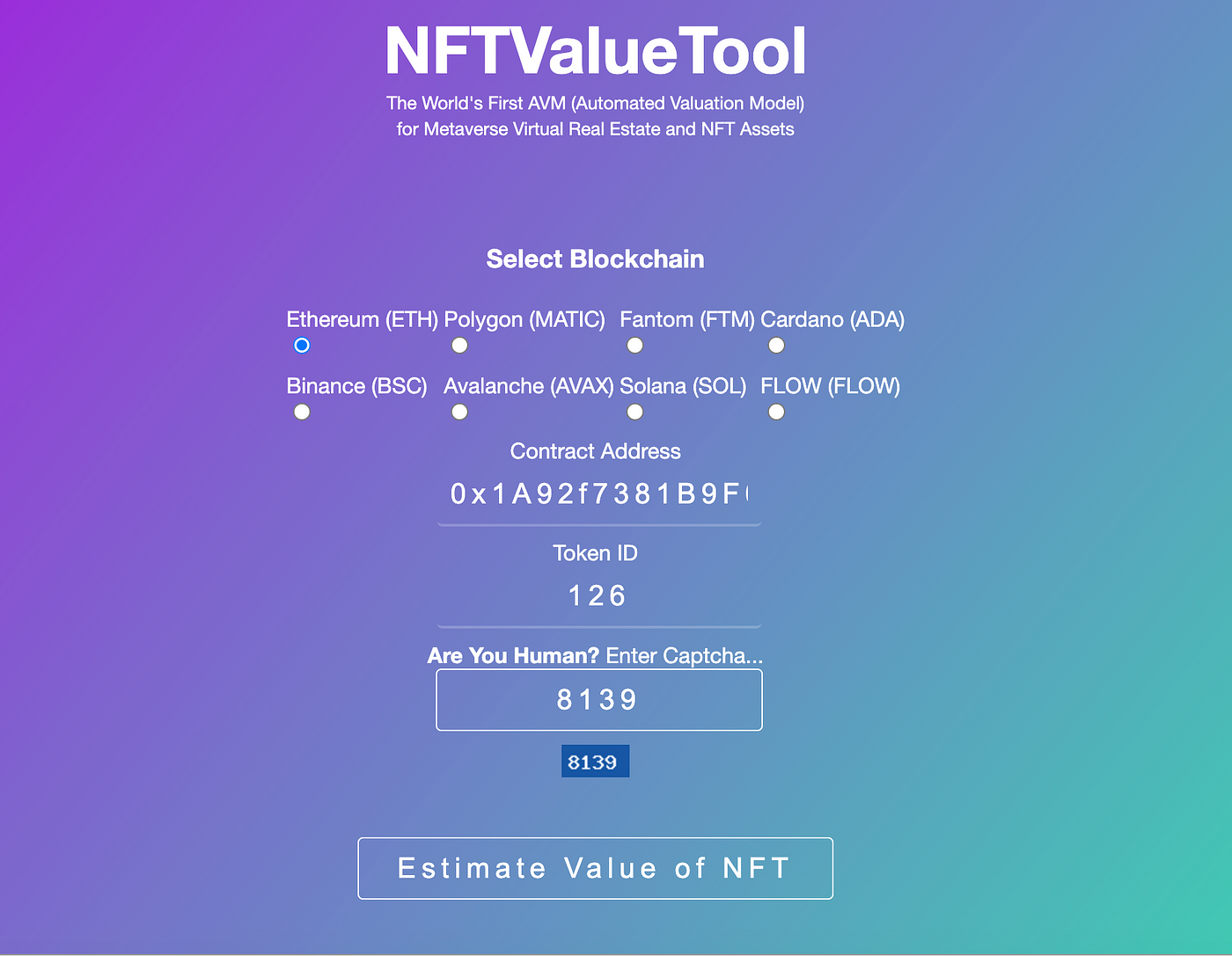 NFT Value Tool Price Prediction Interface