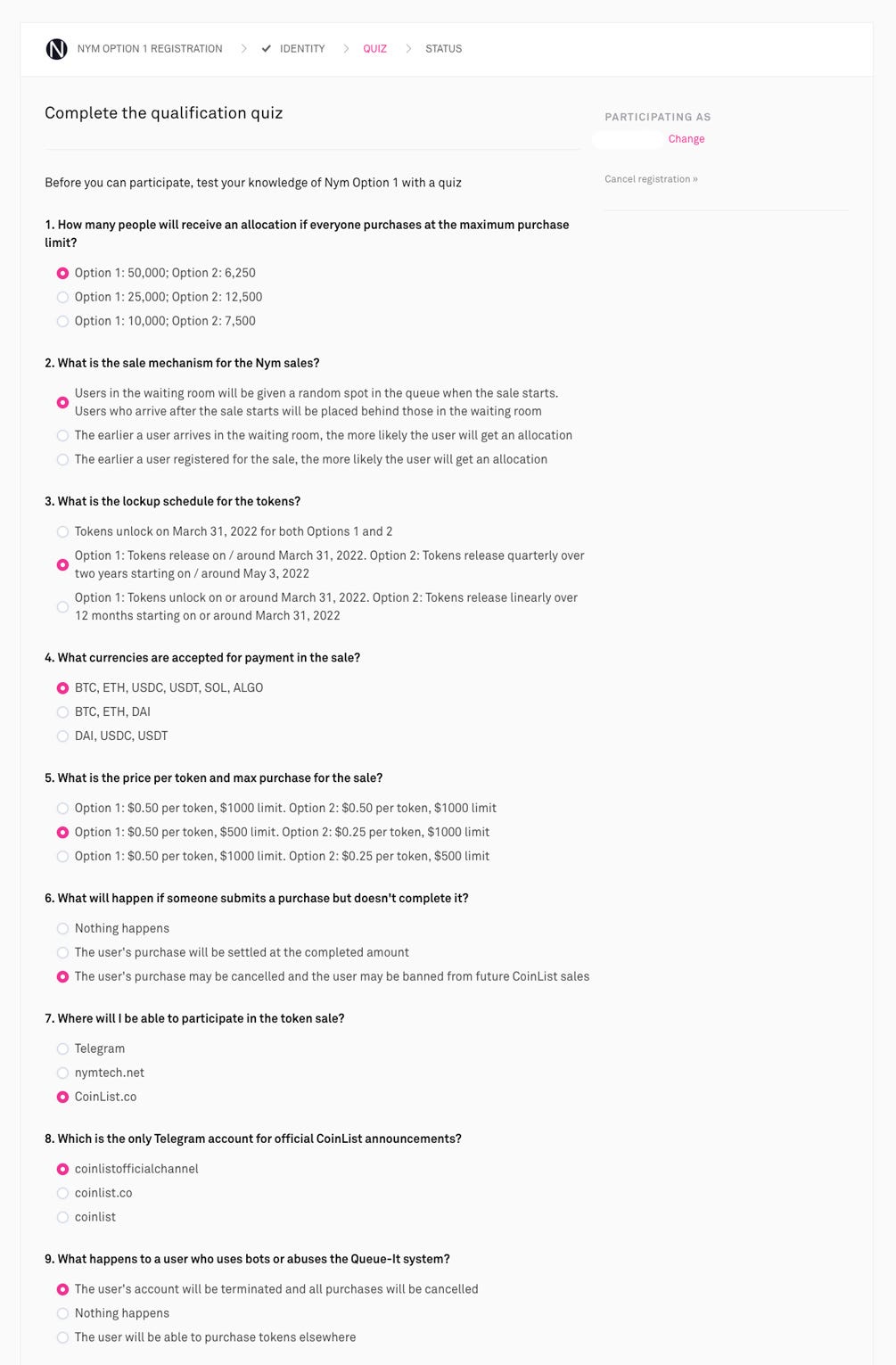 NYM Token Sale on Coinlist Quiz AVADAfund