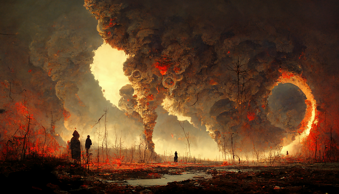 An apocalyptic dark fantasy hellscape, plumes of smoke and fire create circles, while dark figures wander a swampy wasteland.