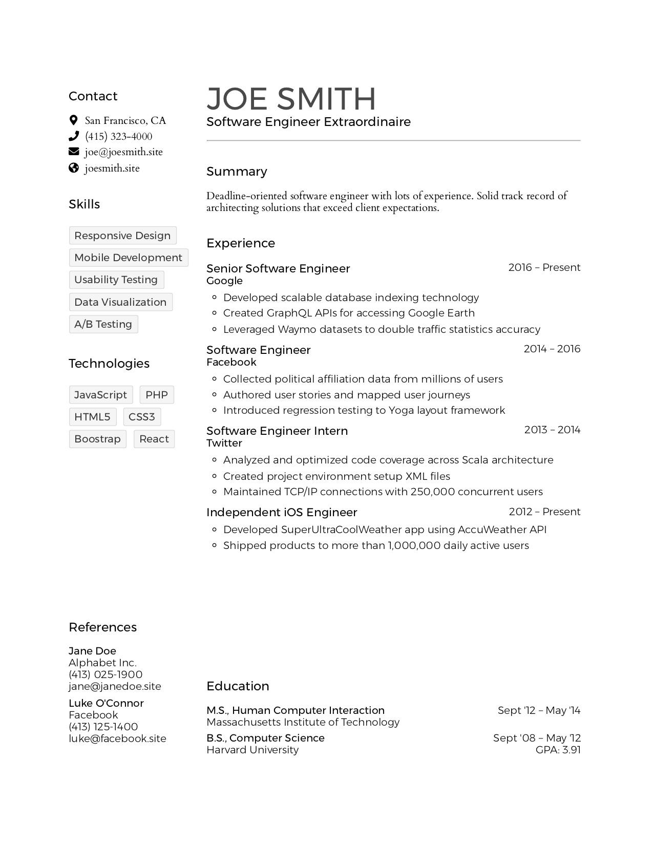 resume sample html code