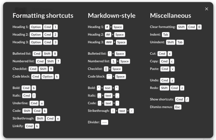 Screenshot: our previous keyboard shortcut modal, which required scrolling