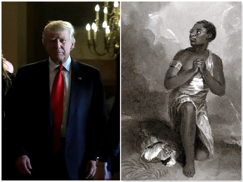 Left image is Donald Trump obscured by low lighting, right image is a black and white illustration of a praying Black woman.