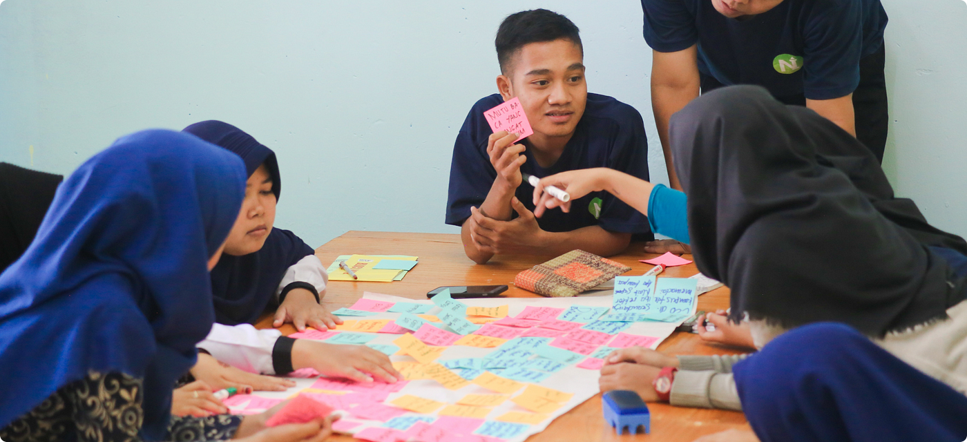 Group of boys and girls (wearing hijabs) working together on a table covered in coloured post-it notes.