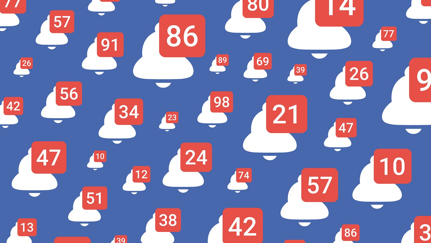 The Facebook notification bell used as a pattern. Each bell shows an excessive number of notifications.