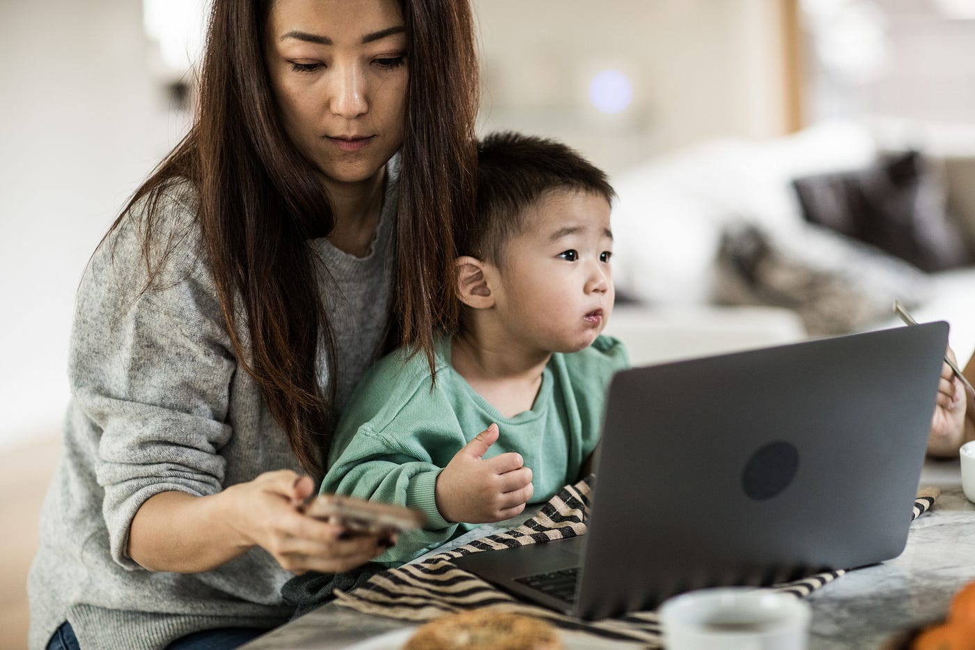 A photo of a mom working on her laptop while her son sits in her lap, she looks busy and tired.