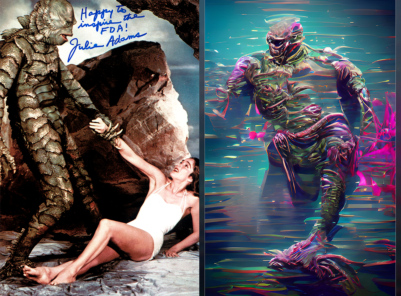 Comparison between a real picture of the Creature from the Black Lagoon and the AI-generated version