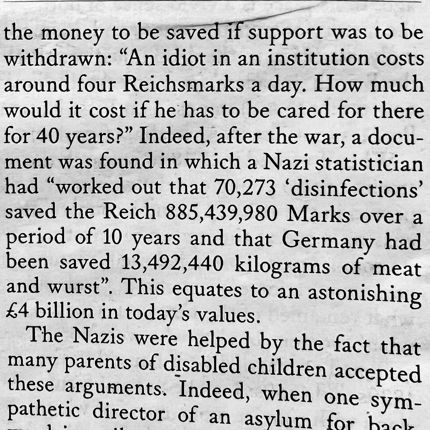 Small clipping of article about how Nazis calculated the financial savings of extermination of diabled people