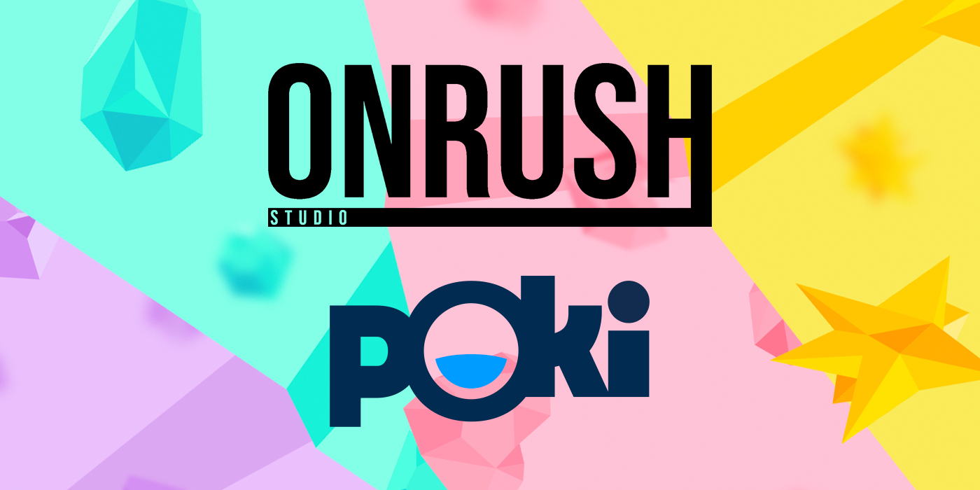 ONRUSH Studio and Poki logo on a multicoloured (purple, teal, pink, yellow) background