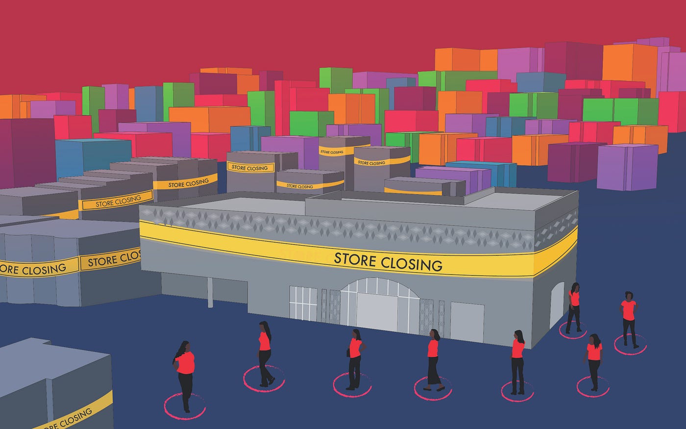 A graphic illustration of a big store with a “store closing” sign wrapped around it. Women wait in line 6 feet apart.