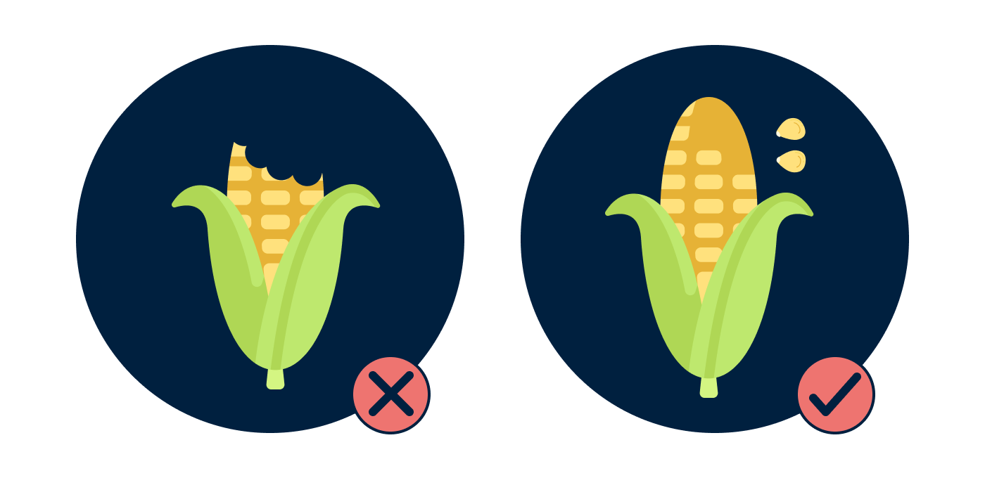 Section image showing a corn with a bite out of it with a cross and a corn with kernels missing with a check mark.