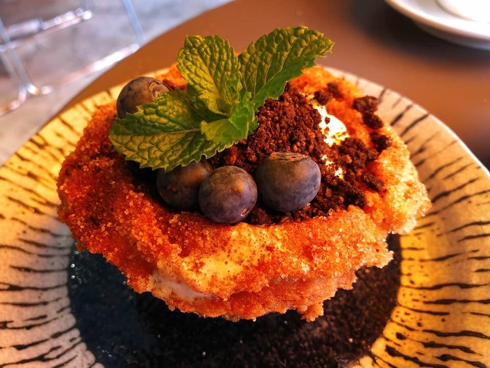 Freshly Fried Churro Cup filled with blueberry, oreo, and cream cheese at Nonsense Cafe & Bar