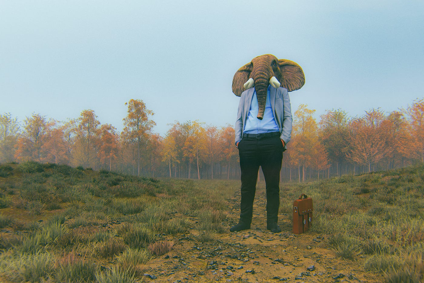A photo of a man with an elephant face standing in a field with a briefcase next to him.