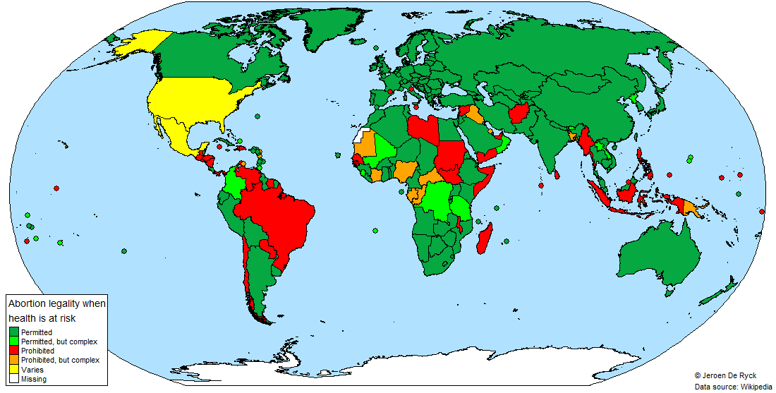 World map of the legality of abortion if the health of the mother is at risk
