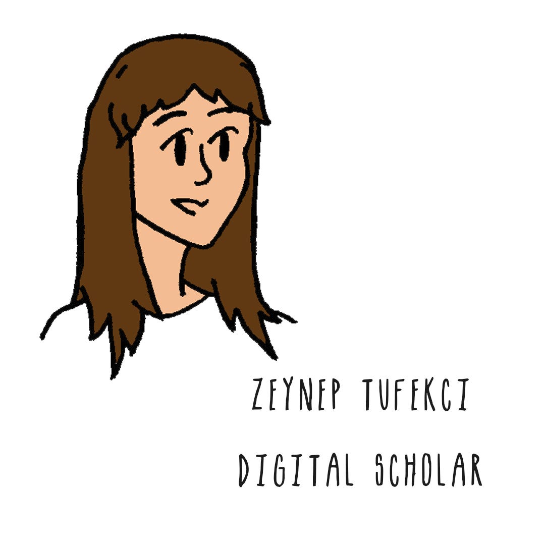 Image of a woman with long brown hair: Zeynep Tufekci, Digital Scholar.