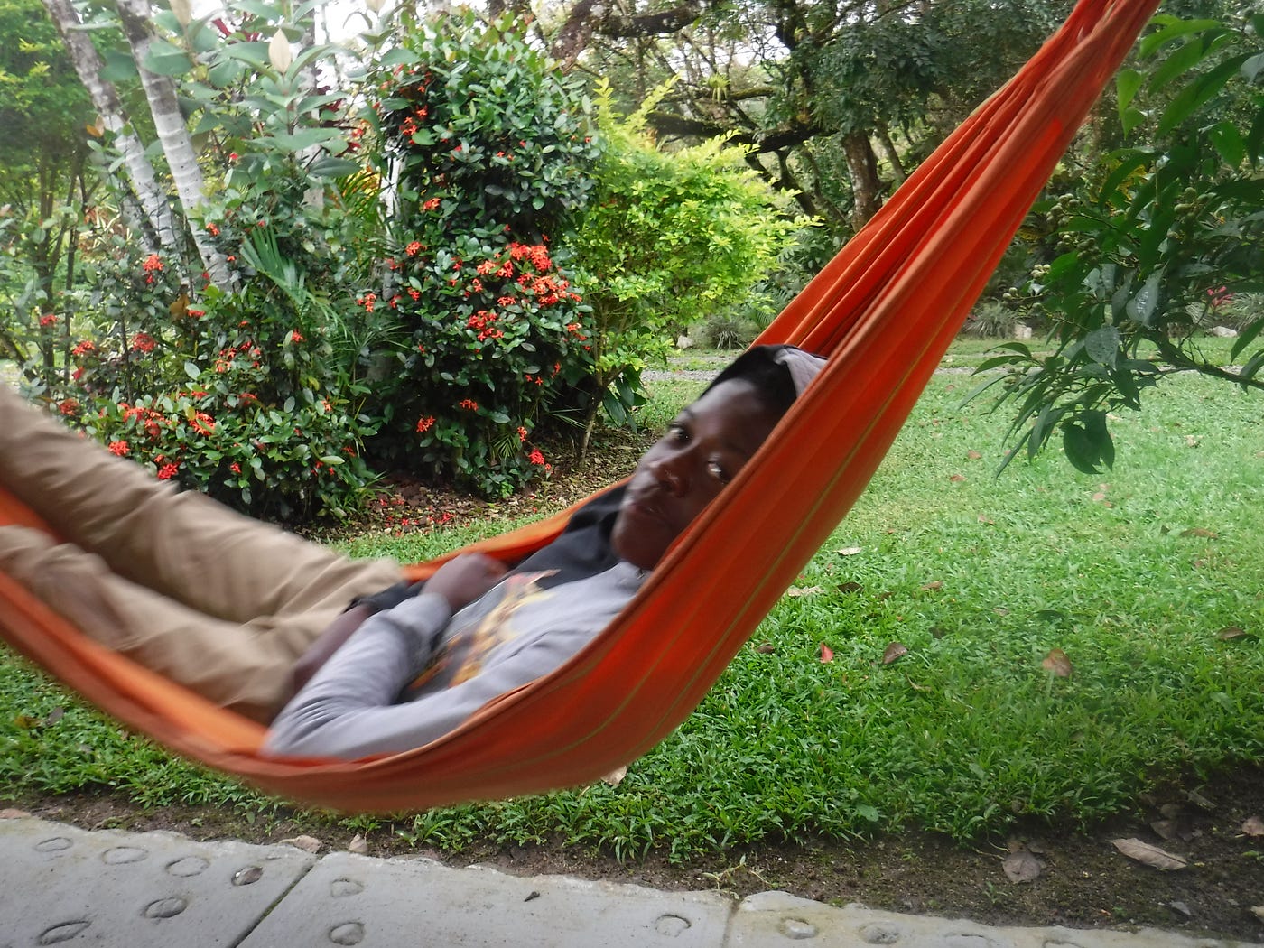 Author’s teen-aged son lounges in a bright orange hammock surrounded by tropical greenery.