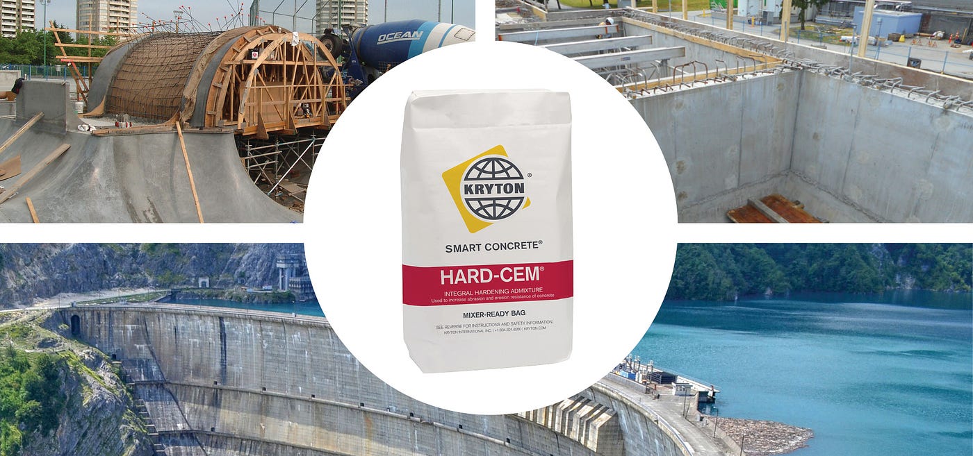 Hard-Cem rests in the foreground against images of different projects it can handle.