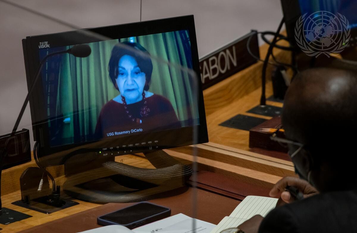 Rosemary DiCarlo (on screen), Under-Secretary-General for Political and Peacebuilding Affairs, briefs the Security Council meeting on the situation in Ukraine from Munich.