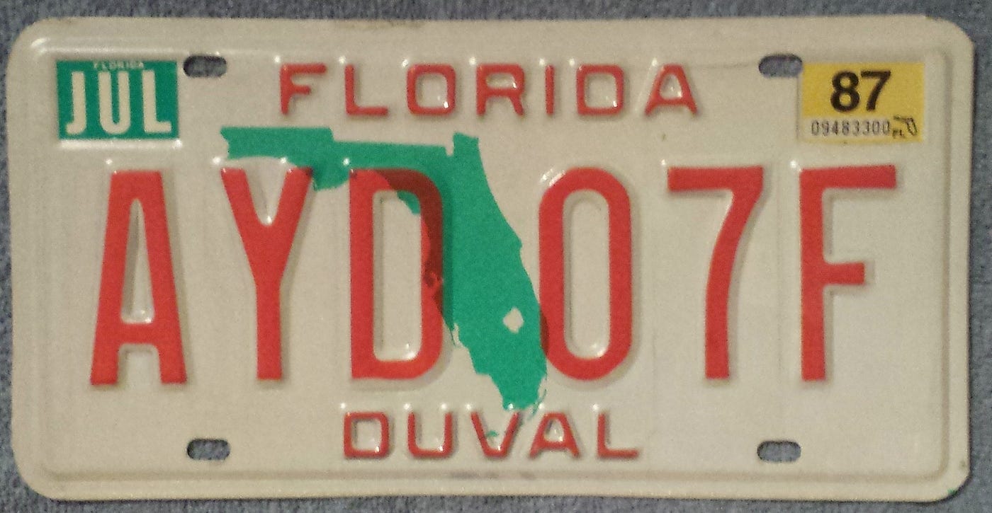 Florida license plate stickers. Almost anywhere in the world, cars and