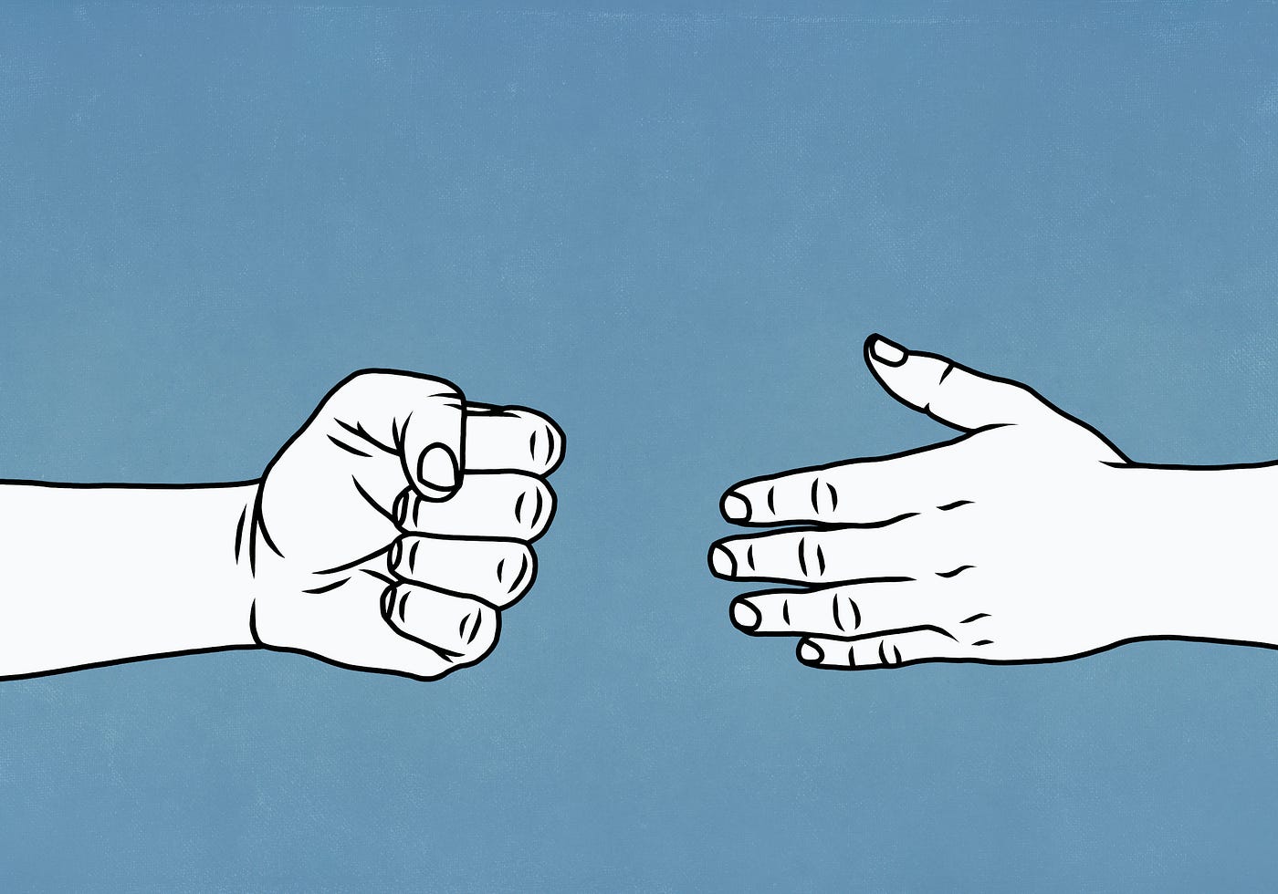 Illustration of a hand held out in a fist and an open hand extended toward it.