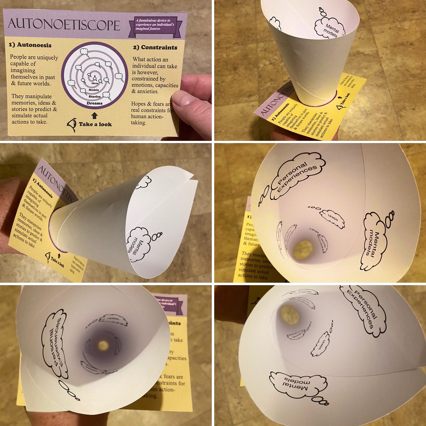 Multiple images showing Autonetiscope in action as both a flat postcard and a siphon holder