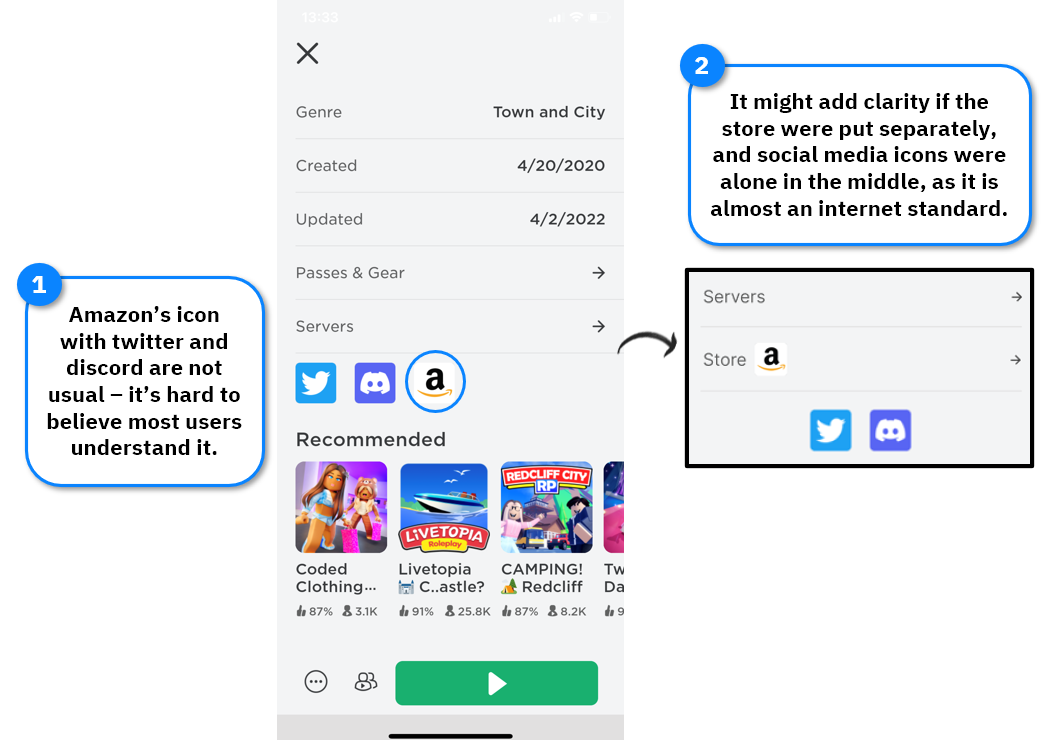 Una captura de pantalla que le pide a Roblox que cree lo que el usuario probablemente espera: un enlace a una tienda, no solo un logotipo de Amazon, y esto está separado de los íconos de las redes sociales.  Además, los iconos de redes sociales se pueden centrar, como se suele hacer.