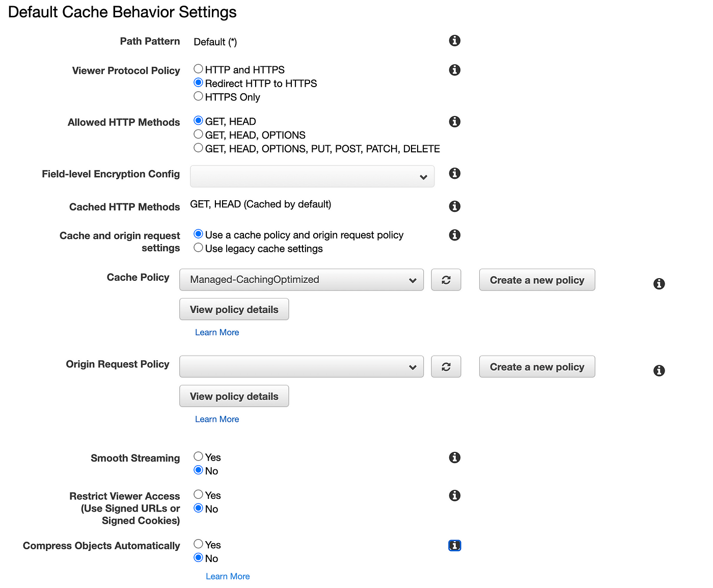 Default Cache Behavior settings in Amazon CloudFront