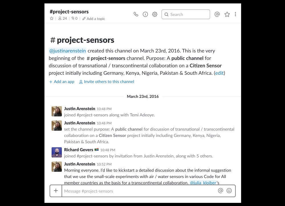 A screenshot of a Slack channel called Project Sensors.