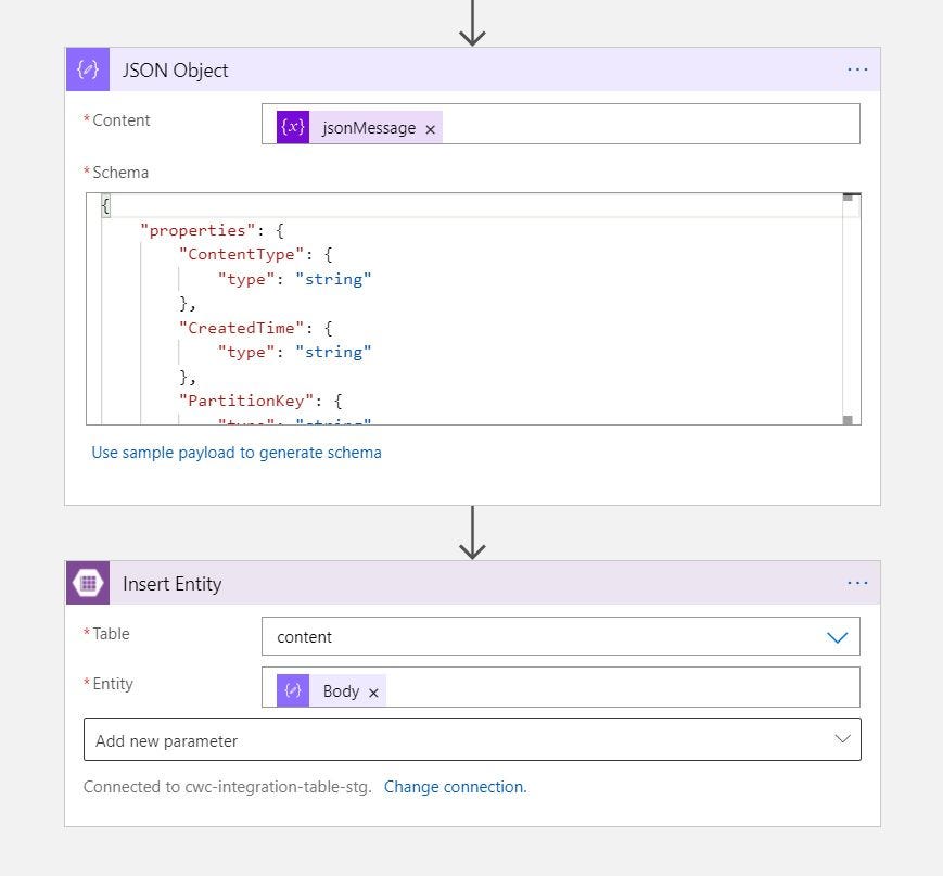 Screenshot showing a Logic App JSON Object task and Insert Entity to Table Storage Task