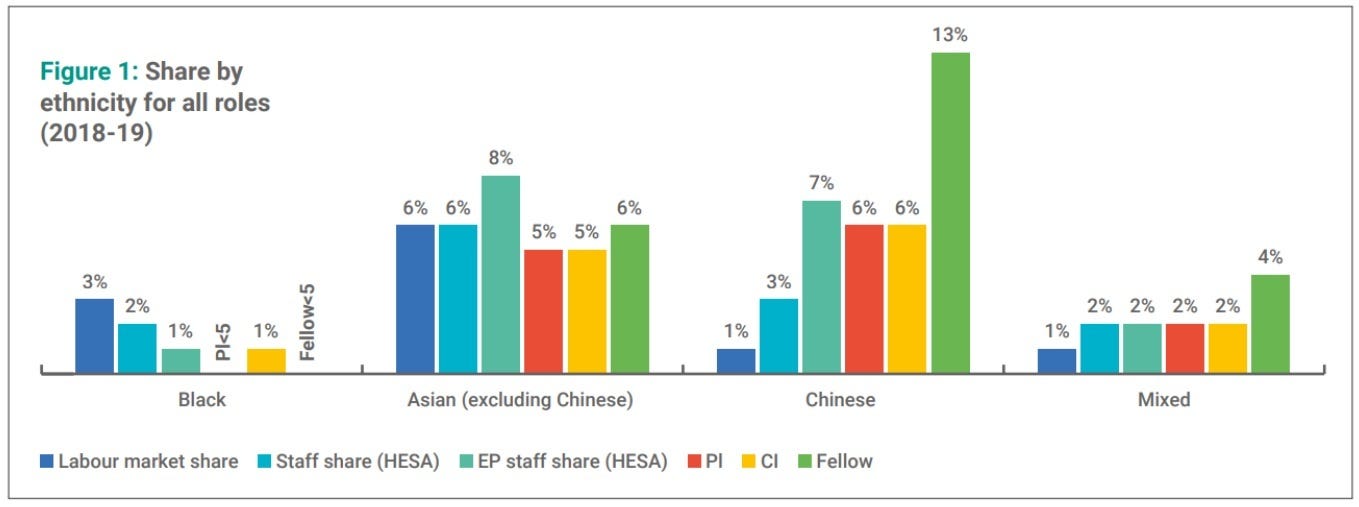 Graphs showing the share by ethnicity for all roles 2018–19