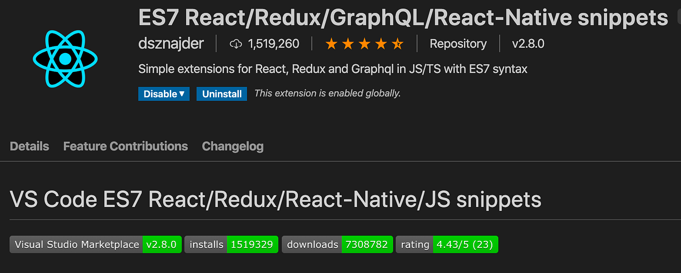 Best React Extension for VS Code ES7 React/Redux/GraphQL/ReactNative